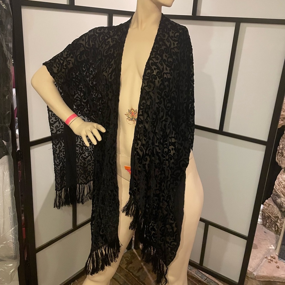 Elegant Black velvet burnout Fringe Shawl